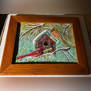 vintage-style framed acrylic painting red cardinals on Natural wood frame 10X8